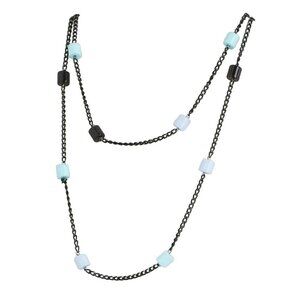 Vintage 80s Blue Green Lucite Beads Long Black Metal Chain Necklace